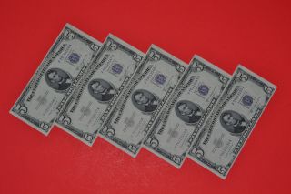 Five 1953 B Consecutive & Uncirculated $5.  00 Silver Certificates photo