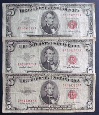 One 1953 $5,  One 1953a $5 & One 1953b $5 United States Notes (c44163667a) photo