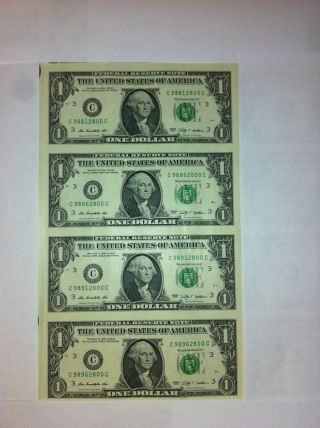 4 Uncut Sheet 4 X1 Dollar Bills - Uncirculated Currency Usa Bill Gift - Cash Money photo