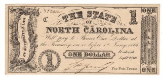 $1 Crisp 1862 North Carolina Young Bill Civil War Old Tarheel Rebel Note photo