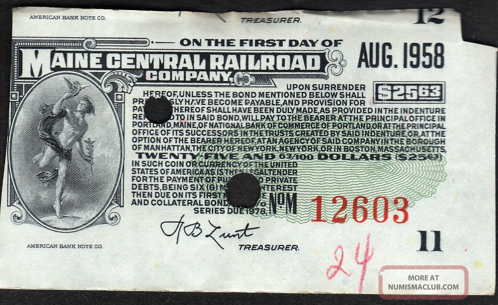 $25 Maine Central Railroad Company Bond Certificate Usa Coupon Lunt Treasurer Small Size Notes photo