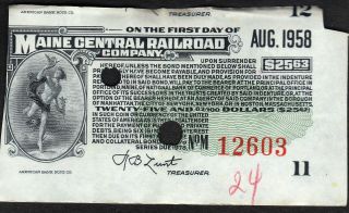 $25 Maine Central Railroad Company Bond Certificate Usa Coupon Lunt Treasurer photo