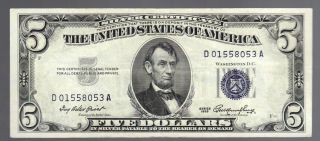 $5 1953 Crisp Blue Seal Us Silver Certificate Over 60 Years Old Paper Money Bill photo
