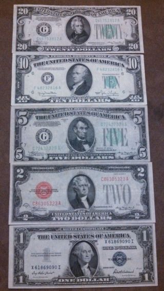 1928 - 1950 $20,  $10,  $5,  $2,  $1 Dollar Bills,  Wow,  Crisp,  Old Paper Money,  Us Currency photo
