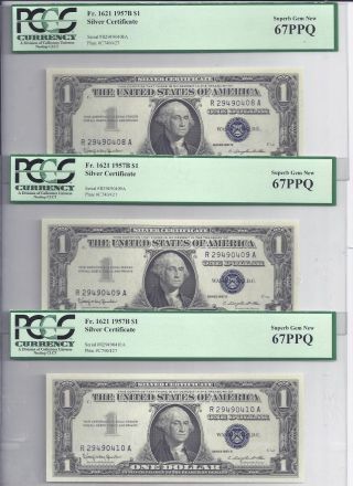 1957 - B Silver Certificates 3 Consec Fr - 1621 Pcgs - Gem - 67 408,  09,  10 photo