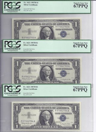 1957 - B Silver Certificates 3 Consec Fr - 1621 Pcgs - Gem - 67 782,  83,  84 photo