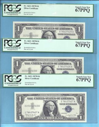 1957 - B Silver Certificates 3 Consec Fr1621 Pcgs - Gem - 67 Ppq 7425 26 27 photo