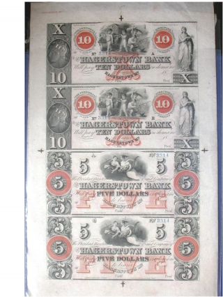 1800 ' S Uncut Sheet $5 $5 $10 $10 Red Hagerstown Md Bank Notes Crisp Us Currency photo
