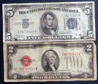 One 1934b $5 Silver Certificate & One 1928g $2 United States Note (d80753641a) photo