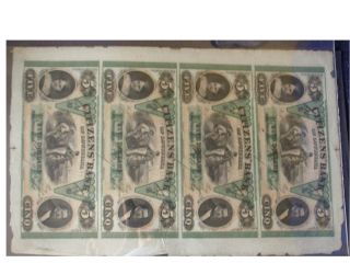 1800 ' S Uncut Sheet $5 $5 $5 & $5 Green Citizens Bank La Notes Crisp Us Currency photo