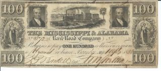 Mississippi Brandon And Alabama Rail Road Co.  1838 $100 Issued Signed Low 372 photo