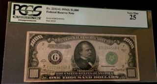 1934a Federal Reserve Note $1000 Very Fine 25 Pcgs Graded photo
