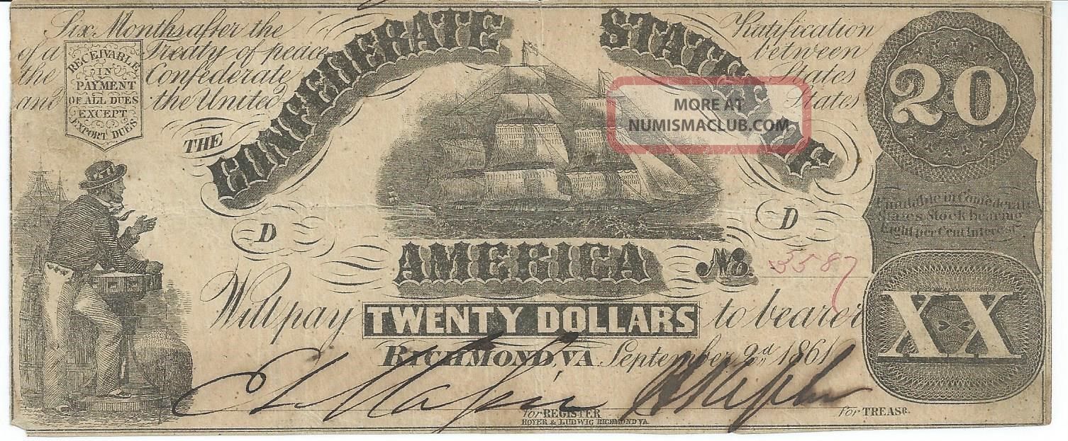 Csa 1861 Confederate Currency T18 $20 Bank Note Vf Rarity 4 Cr133 3587 Paper Money: US photo