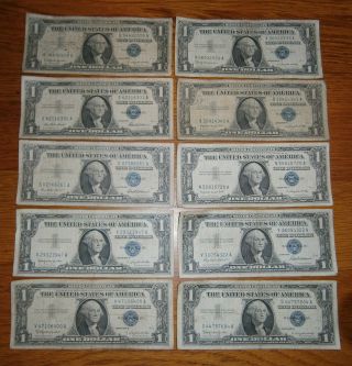 10 One Dollar Silver Certificates - Circulated,  No Marks Or Rips photo