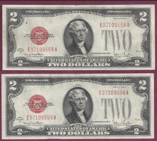 Consecutive Series 1928 G $2 United States Notes (legal Tender Red Seal) Ch Cu photo