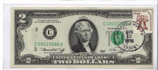 Unc 1976 $2 Dollar Bill 1st Day Issue Stamped Bicentennial Federal Reserve Note photo