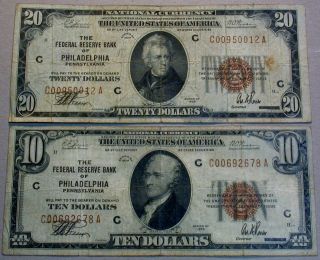 1929 $10 & $20 National Brown Seal Federal Reserve Bank Philadelphia Pa.  2 Notes photo