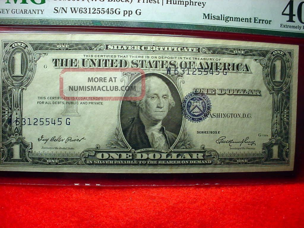 1935 E $1 Silver Certificate Major Misalignment Error Pmg Certified