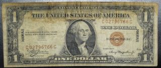 1935 A One Dollar Silver Certificate Hawaii Note Grading Vg Stained 6766c Pm6 photo