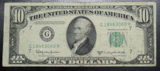 1950 D Ten Dollar Federal Reserve Note Chicago Fine 3060h Pm3 photo