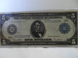 1914 $5.  00 Federal Reserve Note Blue Seal Vg Circulated photo