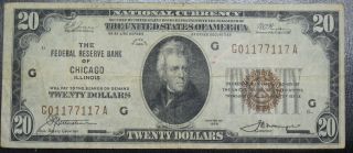 1929 Twenty Dollar National Currency Note Chicago Grading Vf 7117a Pm6 photo