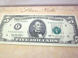 1995 $5 Star Note From Atlanta Fed.  Crispy Uncirculated In Bep Folder photo