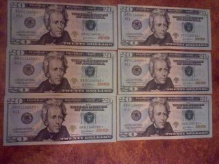 2004a,  $20 Frn ' S,  Dallas,  Star Notes,  6 Sequential Order,  One Fold,  Still Crisp photo