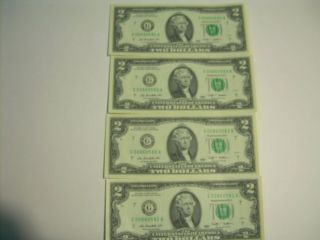 Four (4) Uncirculated Two (2) Dollar Bill - Sequential Serial Numbers photo