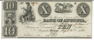 Georgia Augusta Bank $10 1836 Issued One Signature Obsolete Currency Low 1472 photo