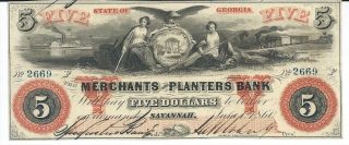 Georgia Savannah Merchants Planters Bank $5 1860 Signed Issued Low Serial 2669 photo