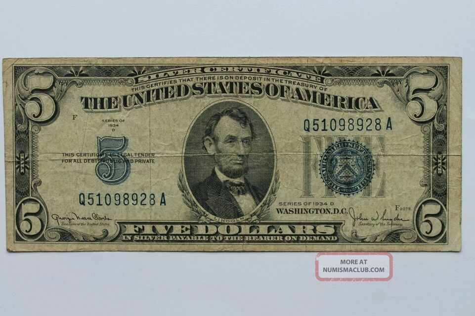 1934 D Five Dollar Silver Certificate