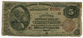 1882 $5 Citizens Nb Of East Liverpool Ohio 5098 First Issue Nbn Brown Back,  Seal photo