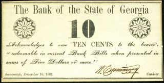 10c 1861 The Bank Of The State Of Georgia,  Savannah Civil War Date photo
