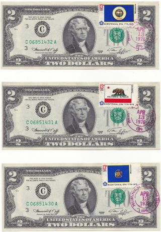 6 - 1976 $2 Two Dollar W/ First Day Issue & Postmarked April 13,  1976 Rare photo