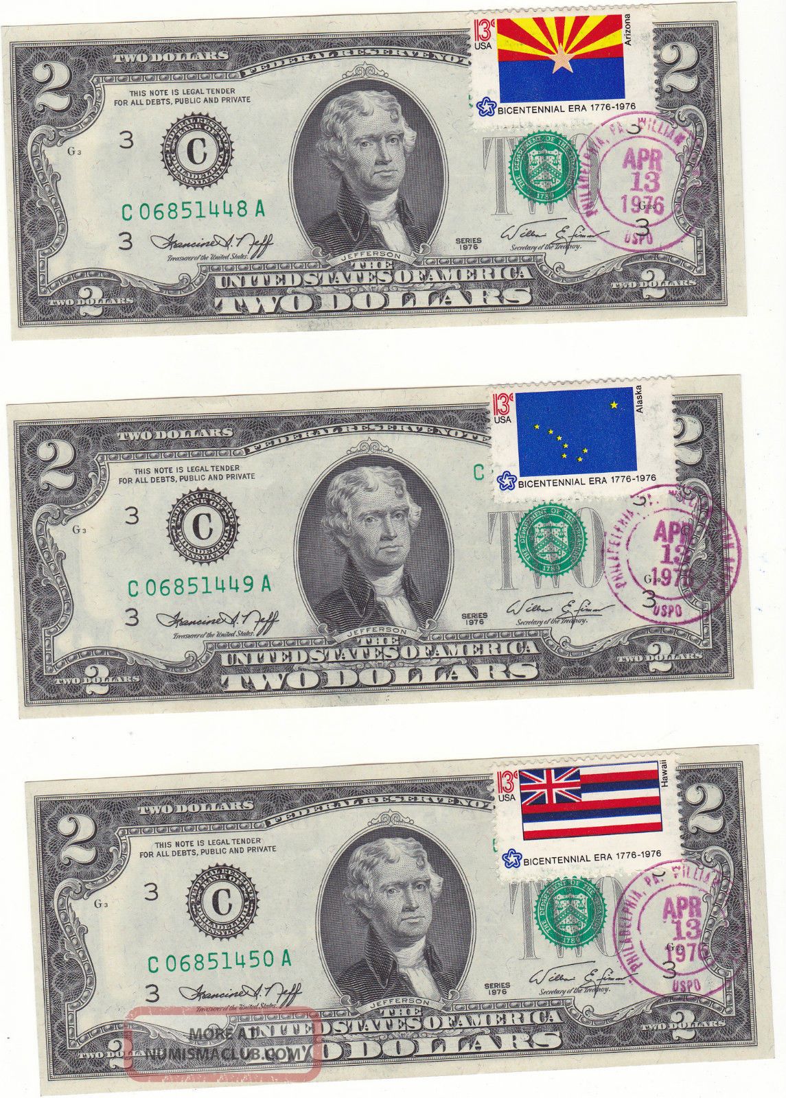 6 - 1976 $2 Two Dollar W/ First Day Issue & Postmarked April 13,  1976 Rare Small Size Notes photo