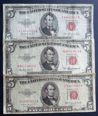 One 1953 $5,  One 1953a $5 & One 1953b $5 United States Notes (c53073922a) photo