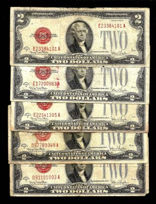 5 1928 G United States Two Dollar Red Seal Notes photo