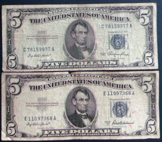 One 1953 $5 & One 1953a $5 Blue Seal Silver Certificate (e11097368a) photo