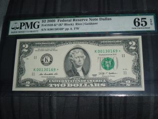 Pmg Fr 1939k 2009 $2 Federal Res Note Star Dallas Gem Uncirculated 65 photo