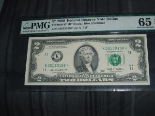 Pmg Fr 1939 - K 2009 $2 Federal Res Note Star Dallas Gem Uncirculated 65 photo