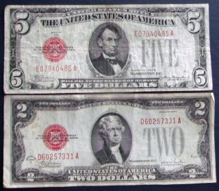 One 1928b $5 & One 1928f $2 Red Seal United States Note (d60257331a) photo