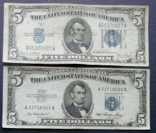 One 1934d $5 & One 1953 $5 Blue Seal Silver Certificate (a03716020a) photo