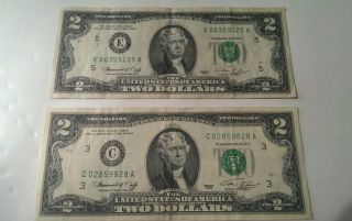 (2) 2 Dollar Bills 1976 Federal Reserve Us Paper Money Richmond & Philadelphia photo