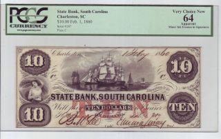 Bank Of The State Of South Carolina Note $10 - 1859 Pcgs Very Choice 64 photo