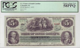 State Of South Carolina $5 - 1872 Pcgs Graded Choice About 58 Ppq photo