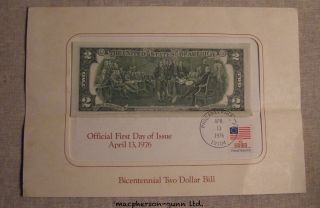 Official First Day Of Issue Bicentennial Two Dollar Bill April 13,  1976 photo