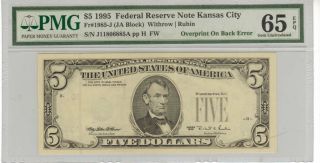 Fr 1985 - J 1995 $5 Federal Reserve Note Pcgs Gem 65 Epq Overprint On Back Error photo