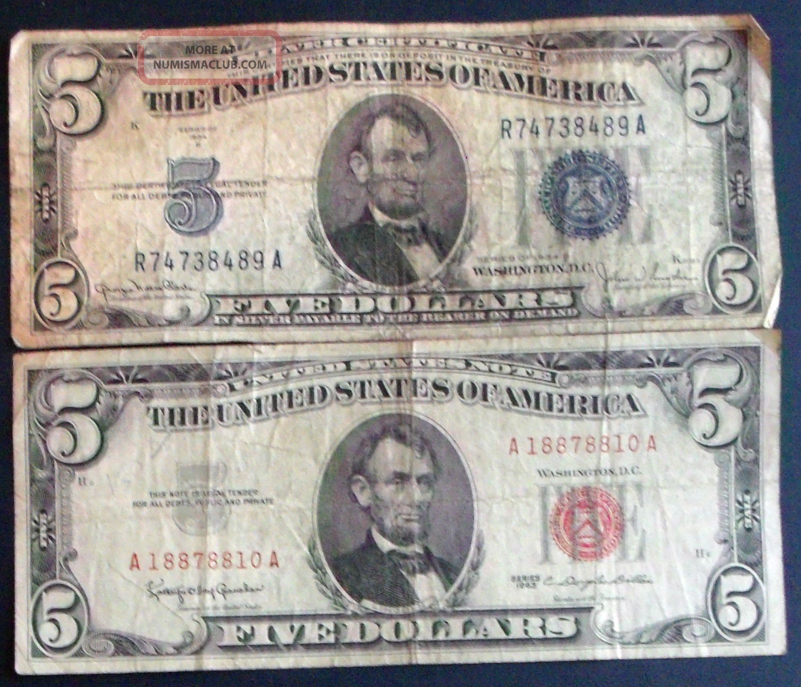 One 1934d $5 Silver Certificate One 1963 $5 United States Note