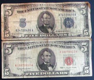 One 1934d $5 Silver Certificate & One 1963 $5 United States Note (a18878810a) photo